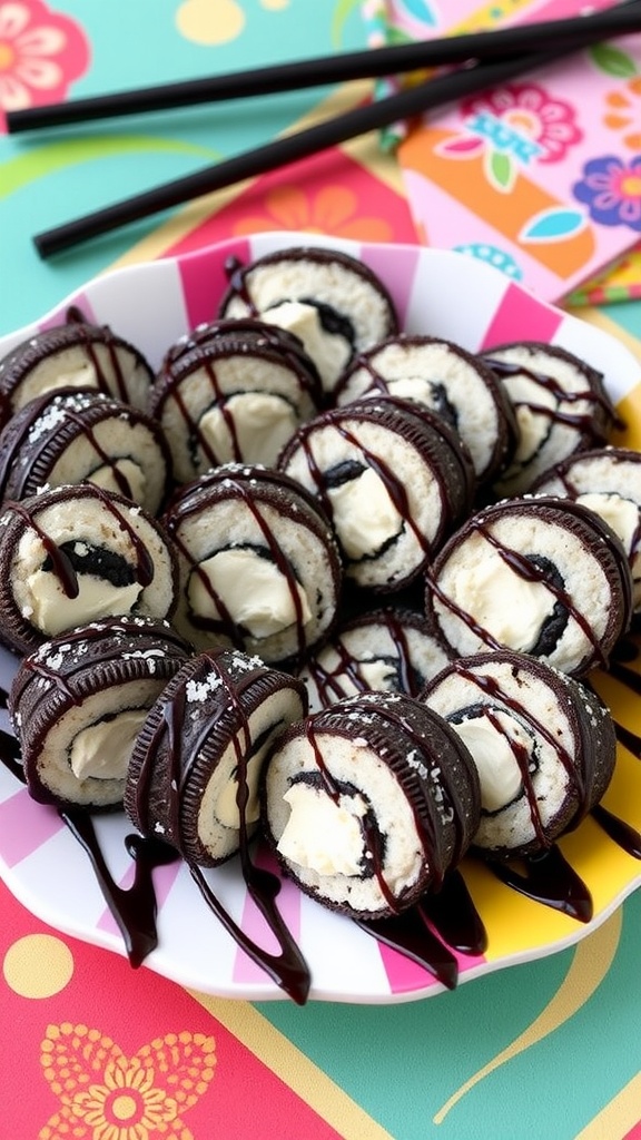 Oreo sushi rolls filled with cream cheese, drizzled with chocolate syrup, and sprinkled with coconut flakes on a plate.